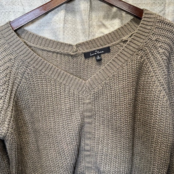 Love Tree Bohemian Knit Sweater Taupe V Neck Cinched Drawstring Cropped Sleeve S - Picture 2 of 9